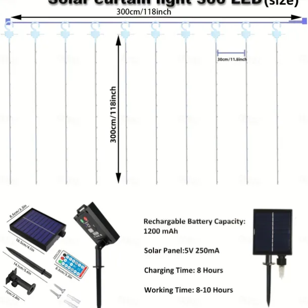 3*3M 300 LEDs Solar Curtain Light Outdoor Remote Control Light 8 Lighting Modes Fairy Lights IP65 Waterproof Leather Thread Lights Christmas Party Wedding Home Bedroom Garden Wall Decor