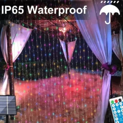3*3M 300 LEDs Solar Curtain Light Outdoor Remote Control Light 8 Lighting Modes Fairy Lights IP65 Waterproof Leather Thread Lights Christmas Party Wedding Home Bedroom Garden Wall Decor