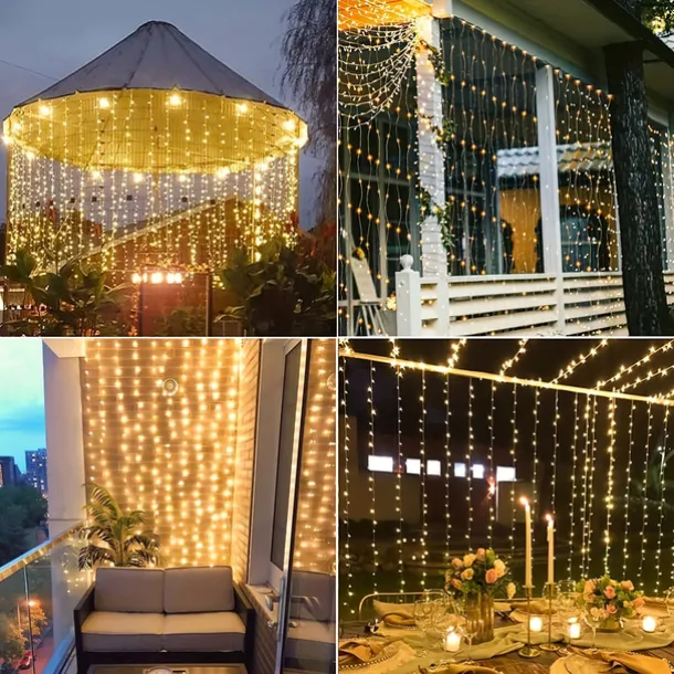 3*3M 300 LEDs Solar Curtain Light Outdoor Remote Control Light 8 Lighting Modes Fairy Lights IP65 Waterproof Leather Thread Lights Christmas Party Wedding Home Bedroom Garden Wall Decor