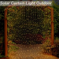 3*3M 300 LEDs Solar Curtain Light Outdoor Remote Control Light 8 Lighting Modes Fairy Lights IP65 Waterproof Leather Thread Lights Christmas Party Wedding Home Bedroom Garden Wall Decor