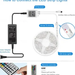 5M 16.4ft LED Strip Lights RGB TV Backlight Bedroom Kitchen Decor 300 x 5050SMD IR 44Key Remote Control Self-adhesive Color-Changing