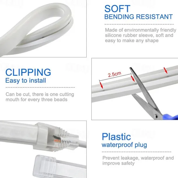 2m 6.6ft Neon Strip Lights 240LEDs 2835 SMD Warm White Colorful DIY Christmas New Year Bar Bedding Party Waterproof Cuttable Decorative 12V