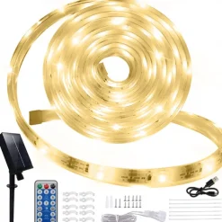 5m 16.4ft RGB Solar Rope Lights Outdoor Waterproof LED Strip Light 300 LEDs SMD2835 with Remote Control 8 Modes Color Changing USB Charging 1000mAh IP67 Decor Automatic Timed