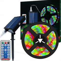 5m 16.4ft RGB Solar Rope Lights Outdoor Waterproof LED Strip Light 300 LEDs SMD2835 with Remote Control 8 Modes Color Changing USB Charging 1000mAh IP67 Decor Automatic Timed