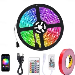 5m 16.4ft Smart LED RGB Strip Light 150 LEDs 5050 SMD TV Backlight Home Décor Work with Alexa Google 10mm 24Keys Remote Controller DC Cables WiFi App Control USB Self-adhesive 5V USB Powered