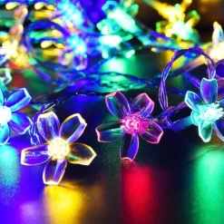 7M LED Solar Outdoor String Lights, 50 Cherry Blossom LEDs in Warm White, RGB, White & Blue, Waterproof Wedding Garden Christmas Decoration with Mounting Bracket
