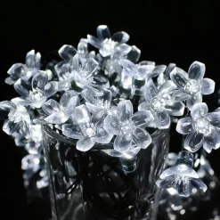 7M LED Solar Outdoor String Lights, 50 Cherry Blossom LEDs in Warm White, RGB, White & Blue, Waterproof Wedding Garden Christmas Decoration with Mounting Bracket