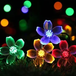 7M LED Solar Outdoor String Lights, 50 Cherry Blossom LEDs in Warm White, RGB, White & Blue, Waterproof Wedding Garden Christmas Decoration with Mounting Bracket