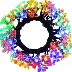 7M LED Solar Outdoor String Lights, 50 Cherry Blossom LEDs in Warm White, RGB, White & Blue, Waterproof Wedding Garden Christmas Decoration with Mounting Bracket