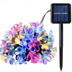7M LED Solar Outdoor String Lights, 50 Cherry Blossom LEDs in Warm White, RGB, White & Blue, Waterproof Wedding Garden Christmas Decoration with Mounting Bracket