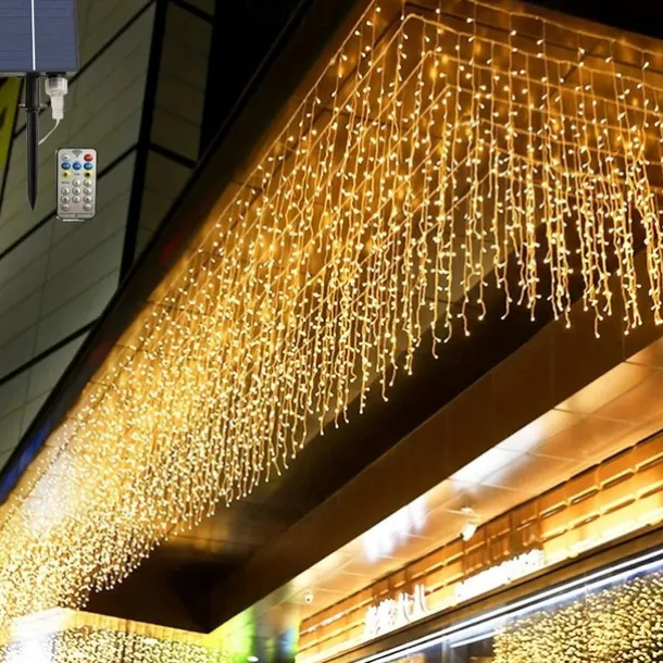 10M 400Leds Solar Icecle Curtain String Lights Christmas Outdoor Courtyard Garden Eaves Fence Stairs Festive Atmosphere Decorative Light String