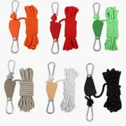 5m Outdoor Windproof Rope, Heavy-Duty Camping Rope with Pulley System, Reflective Nylon Cord with Adjustable Buckle & 2 Stainless Steel Carabiners for Hiking, Tent Setup, Gear Securing