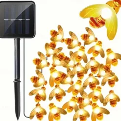 3M Solar Powered Bee String Lights, 20 LEDs Waterproof Outdoor Lights with Mounting Bracket for Christmas, Patio, Yard, Warm White, White Multicolor, Blue