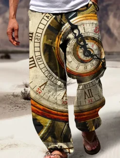 Machine Clock Casual Men's 3D Print Pants Trousers Outdoor Street Going out Polyester Black Red Khaki S M L Mid Waist Elasticity Pants