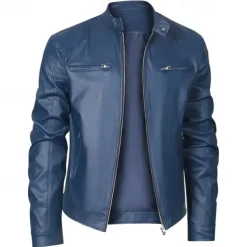 Male Faux Leather Jacket Transition Jacket Biker Jacket Casual Daily Travel Pocket All Seasons Solid / Plain Color Leisure Sweet Standing Collar Regular Black Royal Blue Brown Khaki Jacket