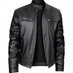 Male Faux Leather Jacket Transition Jacket Biker Jacket Casual Daily Travel Pocket All Seasons Solid / Plain Color Leisure Sweet Standing Collar Regular Black Royal Blue Brown Khaki Jacket