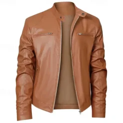Male Faux Leather Jacket Transition Jacket Biker Jacket Casual Daily Travel Pocket All Seasons Solid / Plain Color Leisure Sweet Standing Collar Regular Black Royal Blue Brown Khaki Jacket