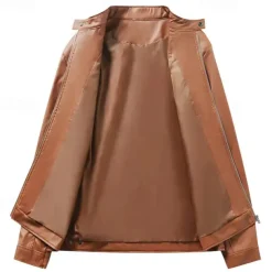 Male Faux Leather Jacket Transition Jacket Biker Jacket Casual Daily Travel Pocket All Seasons Solid / Plain Color Leisure Sweet Standing Collar Regular Black Royal Blue Brown Khaki Jacket