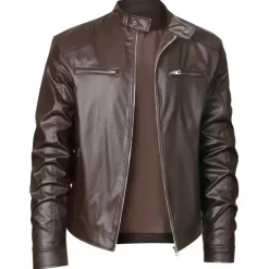 Male Faux Leather Jacket Transition Jacket Biker Jacket Casual Daily Travel Pocket All Seasons Solid / Plain Color Leisure Sweet Standing Collar Regular Black Royal Blue Brown Khaki Jacket