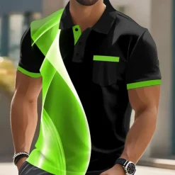 Male Geometic Line Polo Short Sleeve Turndown Business Sports & Outdoor Athleisure Casual Daily Buttons Pocket Summer Lake blue Robin's Egg Blue Grey