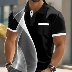 Male Geometic Line Polo Short Sleeve Turndown Business Sports & Outdoor Athleisure Casual Daily Buttons Pocket Summer Lake blue Robin's Egg Blue Grey