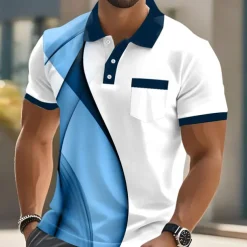 Male Geometic Line Polo Short Sleeve Turndown Business Sports & Outdoor Athleisure Casual Daily Buttons Pocket Summer Lake blue Robin's Egg Blue Grey