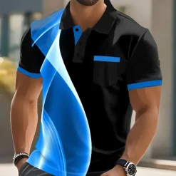 Male Geometic Line Polo Short Sleeve Turndown Business Sports & Outdoor Athleisure Casual Daily Buttons Pocket Summer Lake blue Robin's Egg Blue Grey