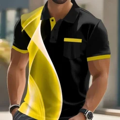 Male Geometic Line Polo Short Sleeve Turndown Business Sports & Outdoor Athleisure Casual Daily Buttons Pocket Summer Lake blue Robin's Egg Blue Grey