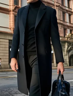 Male Overcoat Coat Trench Coat Daily Wear Buckle Fall & Winter Solid / Plain Color Leisure Lapel Long Camel Black Gray Jacket