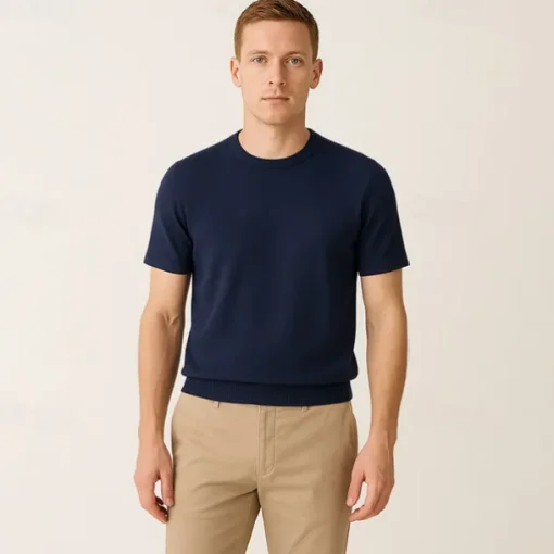 Male Silk Cotton Lyocell Blend T-Shirt Short Sleeve Crew Neck Summer Plain Jacquard Elegant Classic Crewneck Minimalist Vacation Home Cotton Black Blue Navy Blue Top Tee for Men