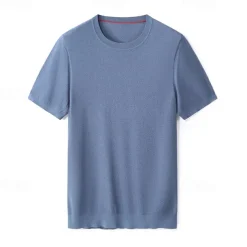 Male Silk Cotton Lyocell Blend T-Shirt Short Sleeve Crew Neck Summer Plain Jacquard Elegant Classic Crewneck Minimalist Vacation Home Cotton Black Blue Navy Blue Top Tee for Men