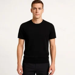 Male Silk Cotton Lyocell Blend T-Shirt Short Sleeve Crew Neck Summer Plain Jacquard Elegant Classic Crewneck Minimalist Vacation Home Cotton Black Blue Navy Blue Top Tee for Men