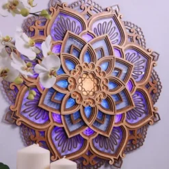 Mandala Night Light Wooden Decorative Lamp Yoga Room LED Night Light Multilayered Laser Cut Carved Light Wall Decor for Home Living Room Bedroom Ornament 1PC