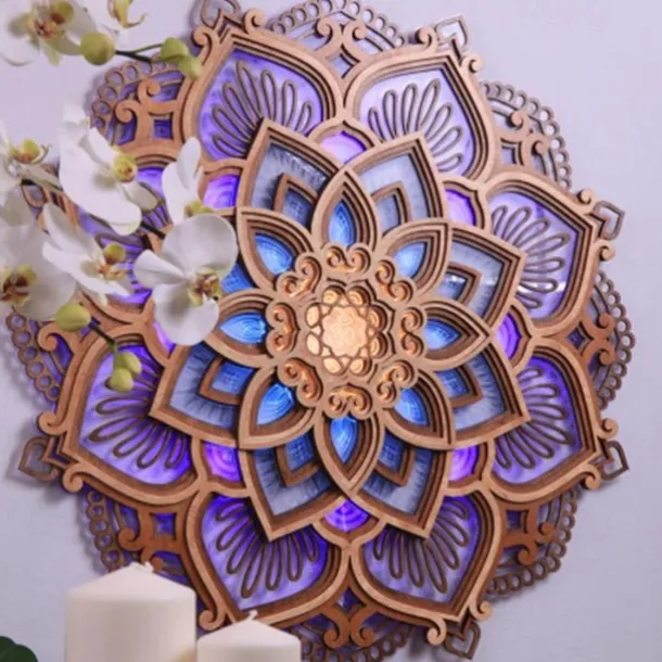 Mandala Night Light Wooden Decorative Lamp Yoga Room LED Night Light Multilayered Laser Cut Carved Light Wall Decor for Home Living Room Bedroom Ornament 1PC