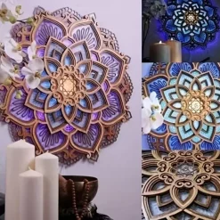 Mandala Night Light Wooden Decorative Lamp Yoga Room LED Night Light Multilayered Laser Cut Carved Light Wall Decor for Home Living Room Bedroom Ornament 1PC