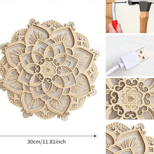 Mandala Night Light Wooden Decorative Lamp Yoga Room LED Night Light Multilayered Laser Cut Carved Light Wall Decor for Home Living Room Bedroom Ornament 1PC