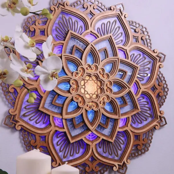 Mandala Night Light Wooden Decorative Lamp Yoga Room LED Night Light Multilayered Laser Cut Carved Light Wall Decor for Home Living Room Bedroom Ornament 1PC