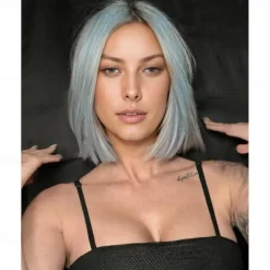 Megan Fox Inspired Wig Straight Asymmetrical Wig Short Lake Blue Synthetic Hair Women's Fashionable Design Soft Natural Blue
