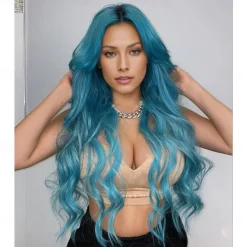 Megan Fox Inspired Wig Wavy Asymmetrical Wig Long Blue Synthetic Hair Women's Fashionable Design Soft Natural Blue