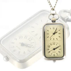 Men Bronze Double Time Zone Rectangle Pocket Watch Quartz Movement Women Ladies Dress Necklace Gifts