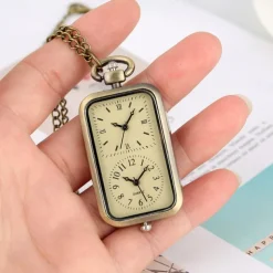 Men Bronze Double Time Zone Rectangle Pocket Watch Quartz Movement Women Ladies Dress Necklace Gifts