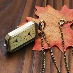 Men Bronze Double Time Zone Rectangle Pocket Watch Quartz Movement Women Ladies Dress Necklace Gifts
