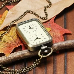 Men Bronze Double Time Zone Rectangle Pocket Watch Quartz Movement Women Ladies Dress Necklace Gifts