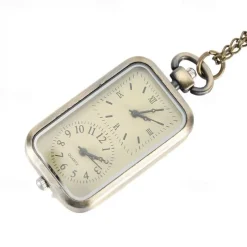 Men Bronze Double Time Zone Rectangle Pocket Watch Quartz Movement Women Ladies Dress Necklace Gifts