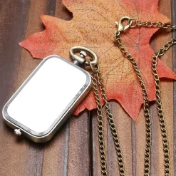 Men Bronze Double Time Zone Rectangle Pocket Watch Quartz Movement Women Ladies Dress Necklace Gifts
