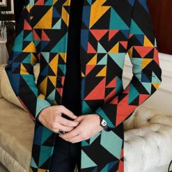 Men Geometric Plaid Overcoat Coat Casual Business Casual Daily 3D Print Buttons Front Pocket Spring Fall Winter Notch Long Sleeve Black Blue Brown