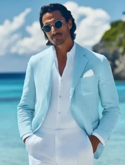 Men Linen Blazer Sport Coat Casual Daily Vacation Spring & Summer Cotton And Linen Solid Color Comfy Single Breasted Two-button Blazer White Beige Light Blue