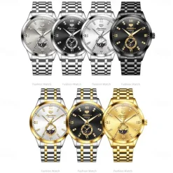 Men Mechanical Watch Creative Fashion Business Wristwatch Automatic Self-winding Moon phase Luminous Waterproof Steel Watch