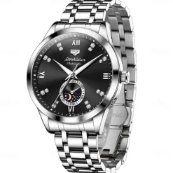 Men Mechanical Watch Creative Fashion Business Wristwatch Automatic Self-winding Moon phase Luminous Waterproof Steel Watch