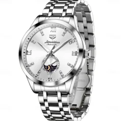 Men Mechanical Watch Creative Fashion Business Wristwatch Automatic Self-winding Moon phase Luminous Waterproof Steel Watch